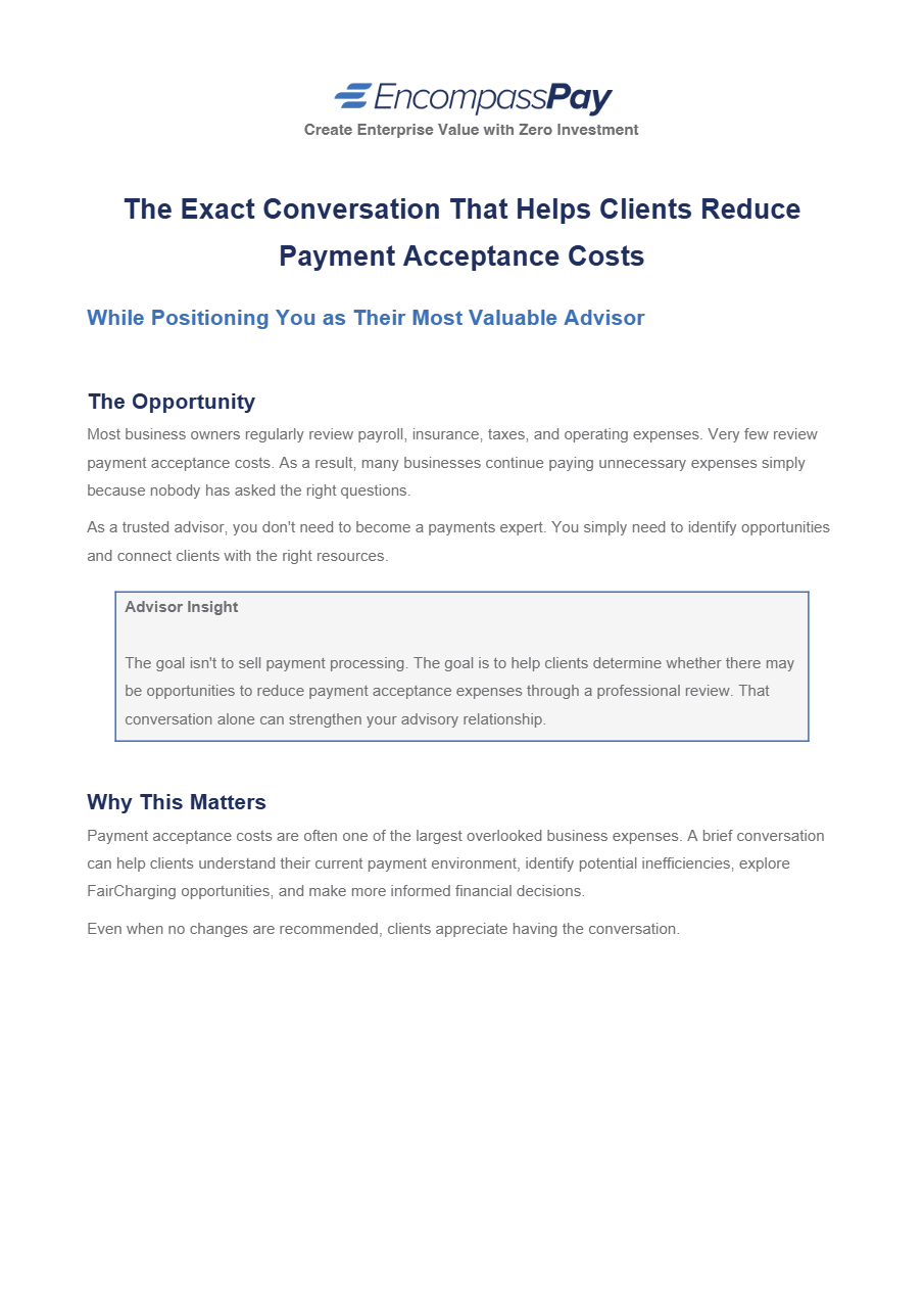 First page of the guide: The Advisor’s Guide to Conversations About Payment Acceptance Costs